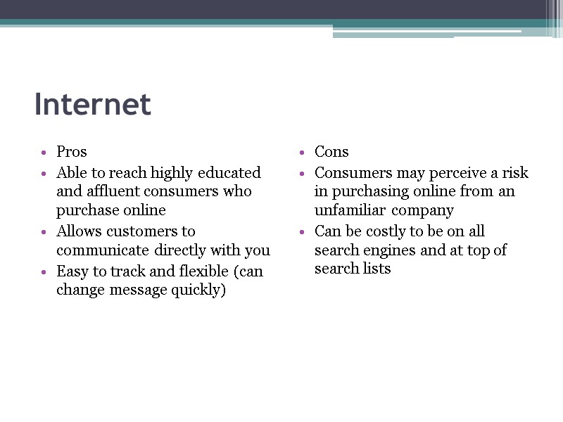 Internet Pros Able to reach highly educated and affluent consumers who purchase online Allows